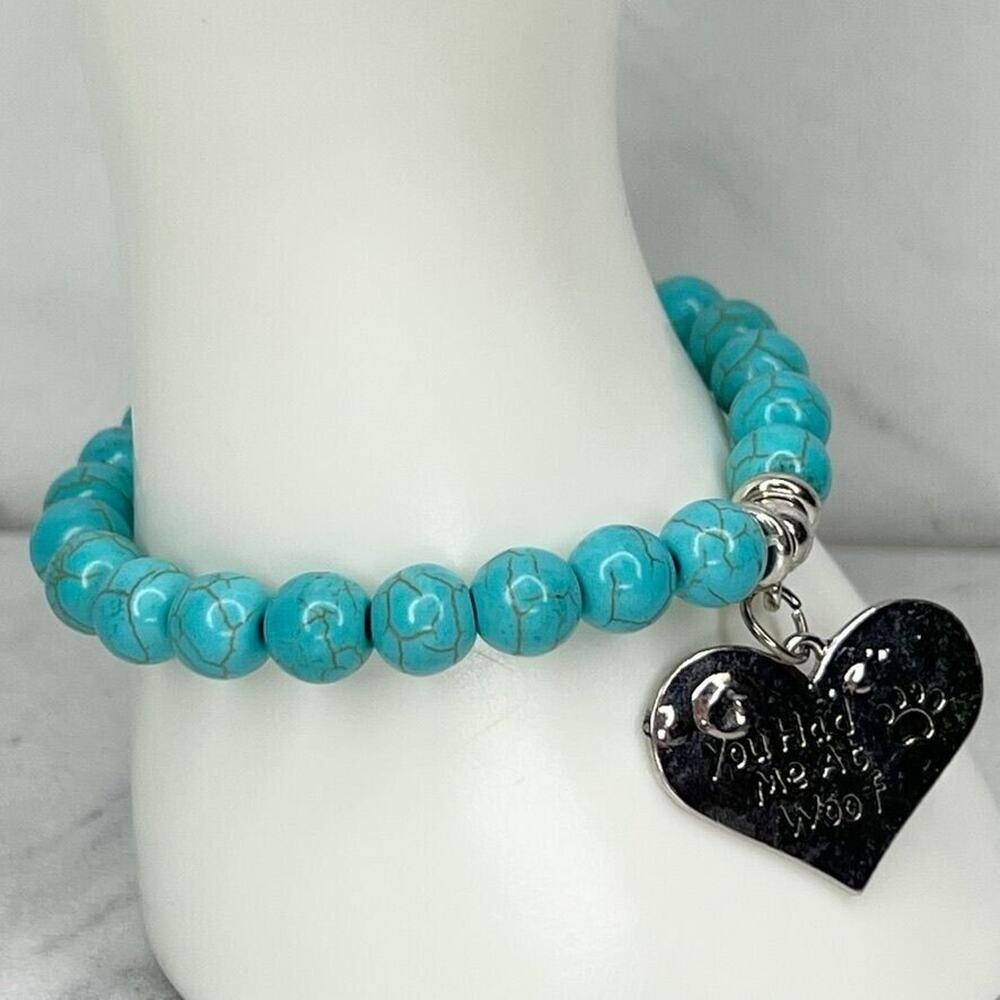 Faux Turquoise Beaded You Had Me at Woof Dog Heart Charm Stretch Bracelet